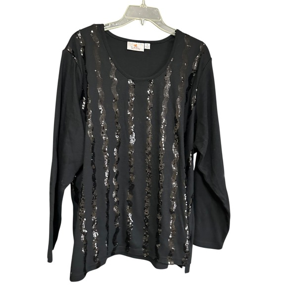 Quacker Factory Tops - Quacker‎ Factory Womens Black Long Sleeve Sequined Wavy Stripe Top 3X Whimsigoth